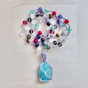 Multicolor Beaded Necklace with Blue Pendant Natural chakra stones and Amazonite